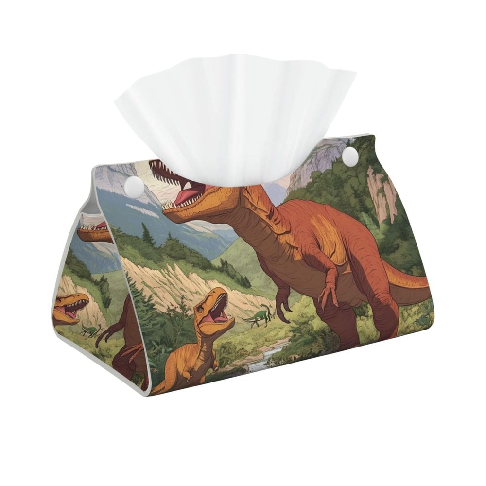 Dinosaur Long Tissue Box Cover - Faux Leather Tissue Holder for Bathroom, Living Room, Office, Bedroom, or Car