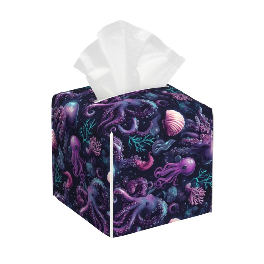 Square Foldable Cartoon Octopus Tissue Box Cover, PVC Leather, Cube-Shaped