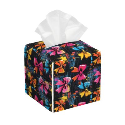 Square Tissue Box Cover with Colorful Bow Print, Foldable PVC Leather Cube
