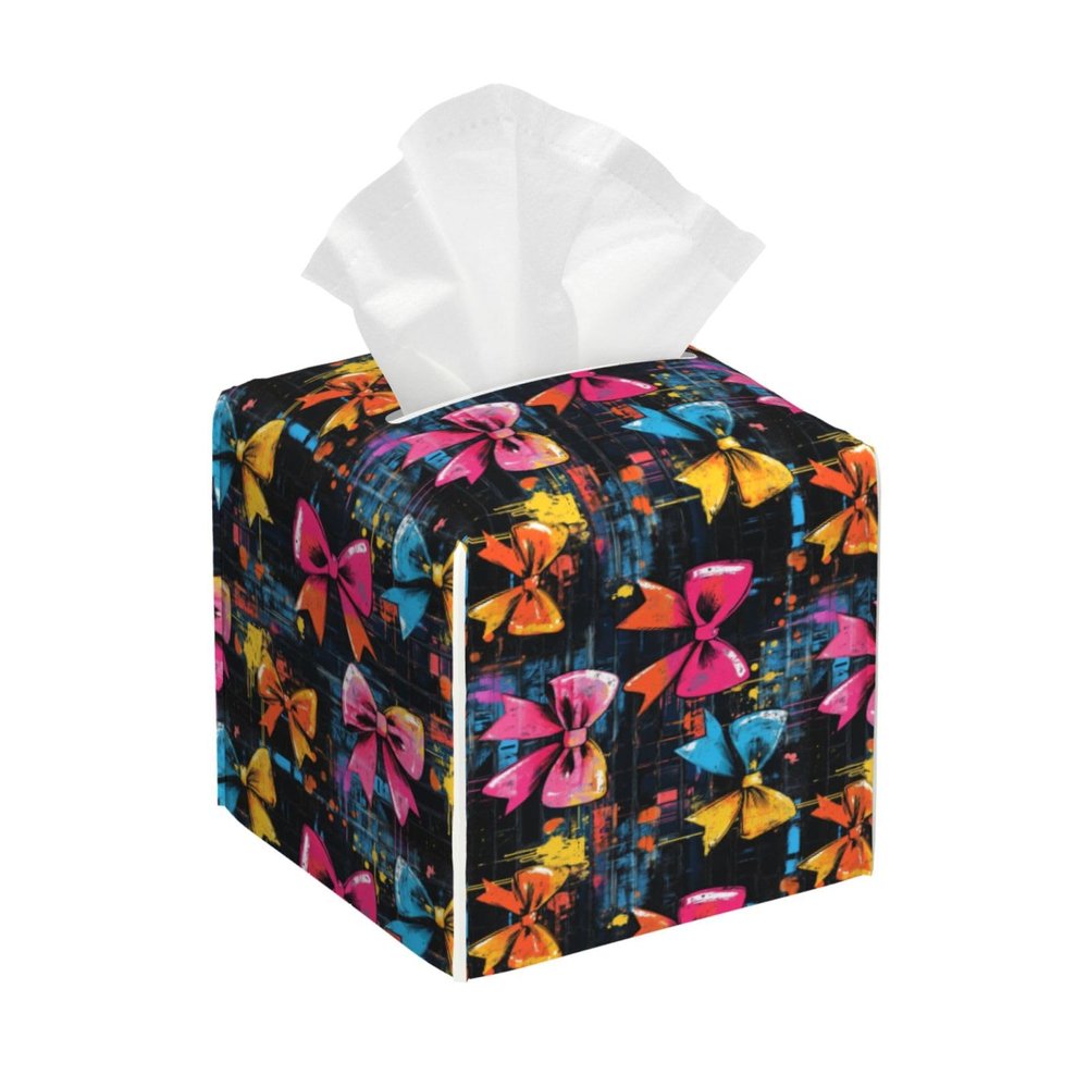 Square Tissue Box Cover with Colorful Bow Print, Foldable PVC Leather Cube