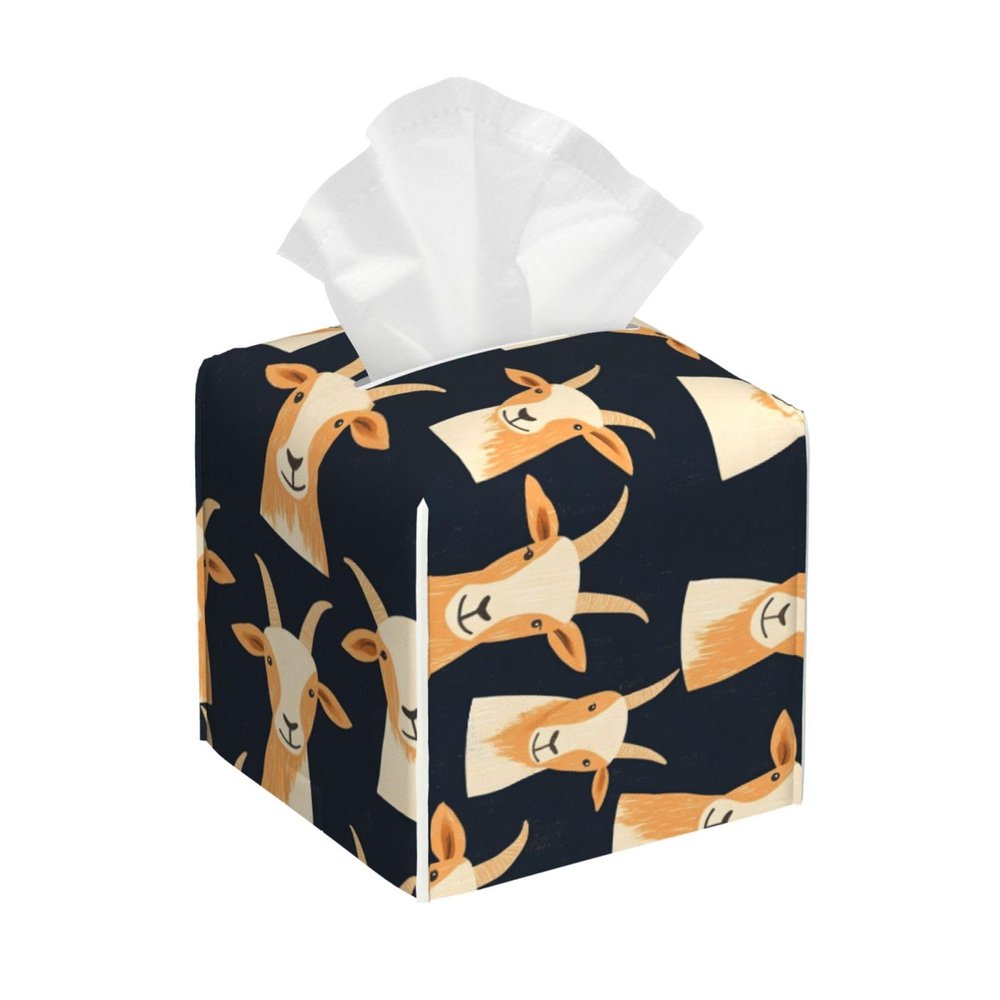 Square Foldable Tissue Box with Cute Goat Pattern, PVC Leather