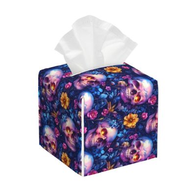 Square Foldable Tissue Box with Vintage Floral Skull Print