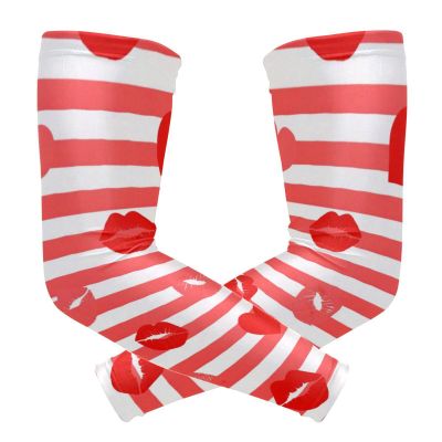 Red-and-White Striped Heart-Lips Arm Sleeves for Boys (1 Pair), UV Sun Protection, Football Sleeves for Women, Drivers, Outdoor Work, Size M