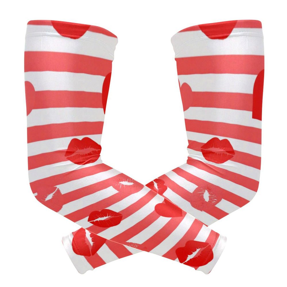 Red-and-White Striped Heart-Lips Arm Sleeves for Boys (1 Pair), UV Sun Protection, Football Sleeves for Women, Drivers, Outdoor Work, Size M