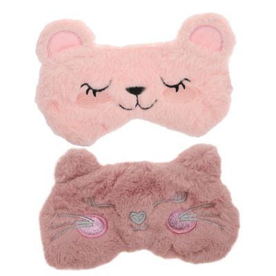 Mikinona 2-Pack Plush Sleep Masks for Adults, Breathable Cartoon Eye Masks with Smiling Cat and Shy Bear Designs