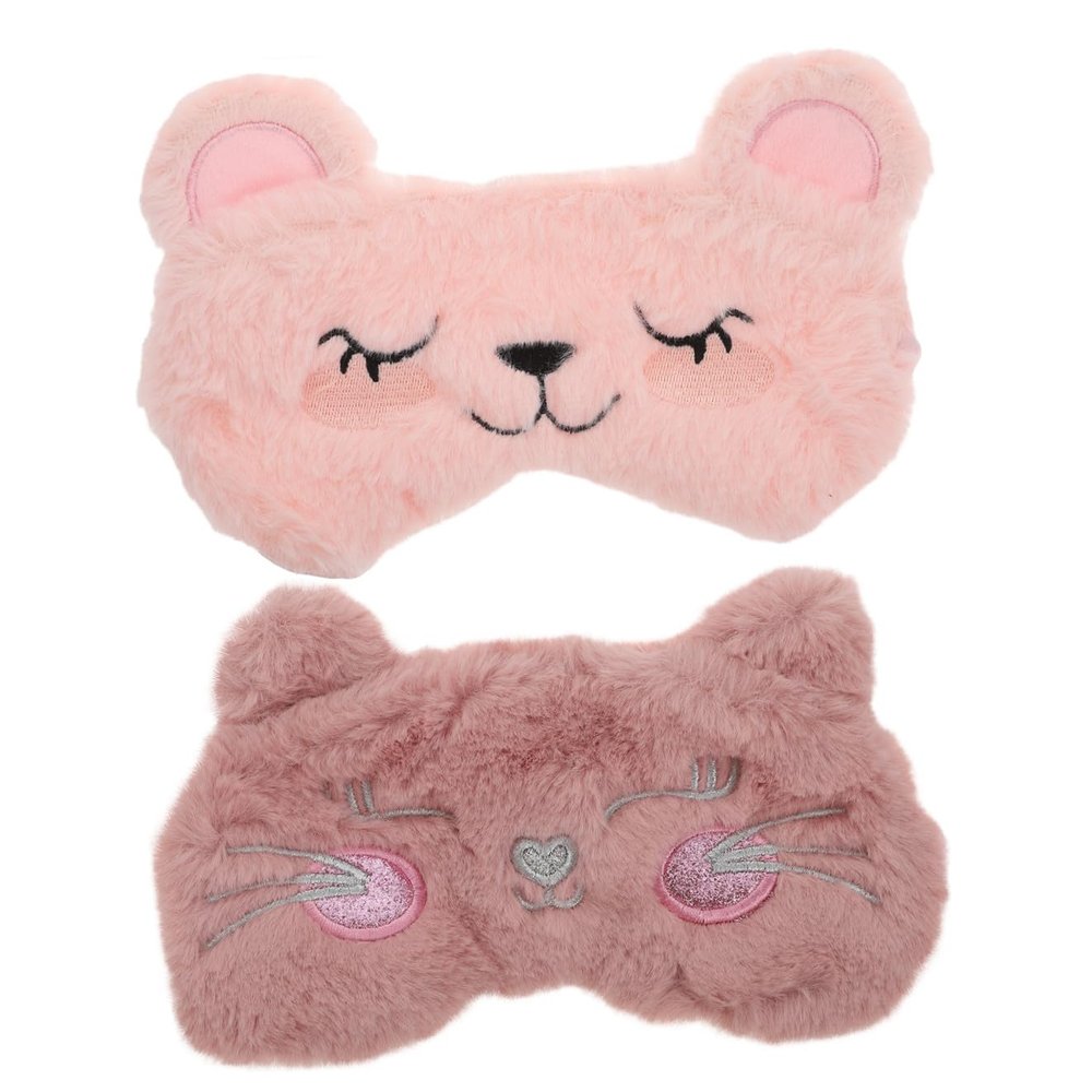 Mikinona 2-Pack Plush Sleep Masks for Adults, Breathable Cartoon Eye Masks with Smiling Cat and Shy Bear Designs