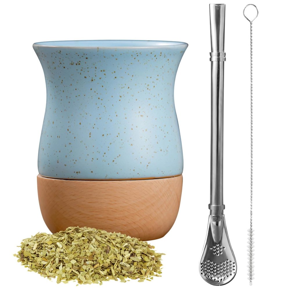 yeeplant Yerba Mate Gourd Set with Ceramic Cup, Wooden Base, Stainless Steel Straw, Elegant Blue Design, 250 ml Capacity