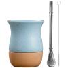yeeplant Yerba Mate Gourd Set with Ceramic Cup, Wooden Base, Stainless Steel Straw, Elegant Blue Design, 250 ml Capacity view 3