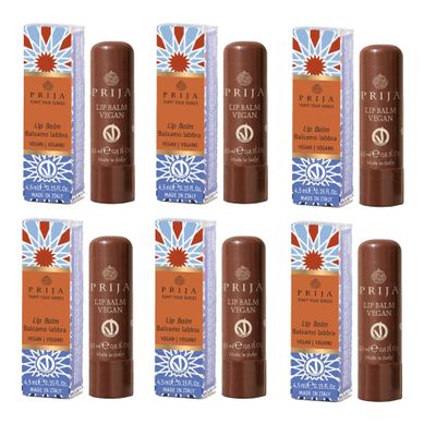 Prija Vegan Lip Balm with Jojoba Oil, Shea Butter, and Sunflower Wax, 6 x 4.5 ml