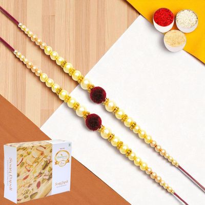 Ghasitaram Gifts Rakhi for Brother, Set of 2, Y-37 Pearl Rakhi with 400 g Soan Papdi