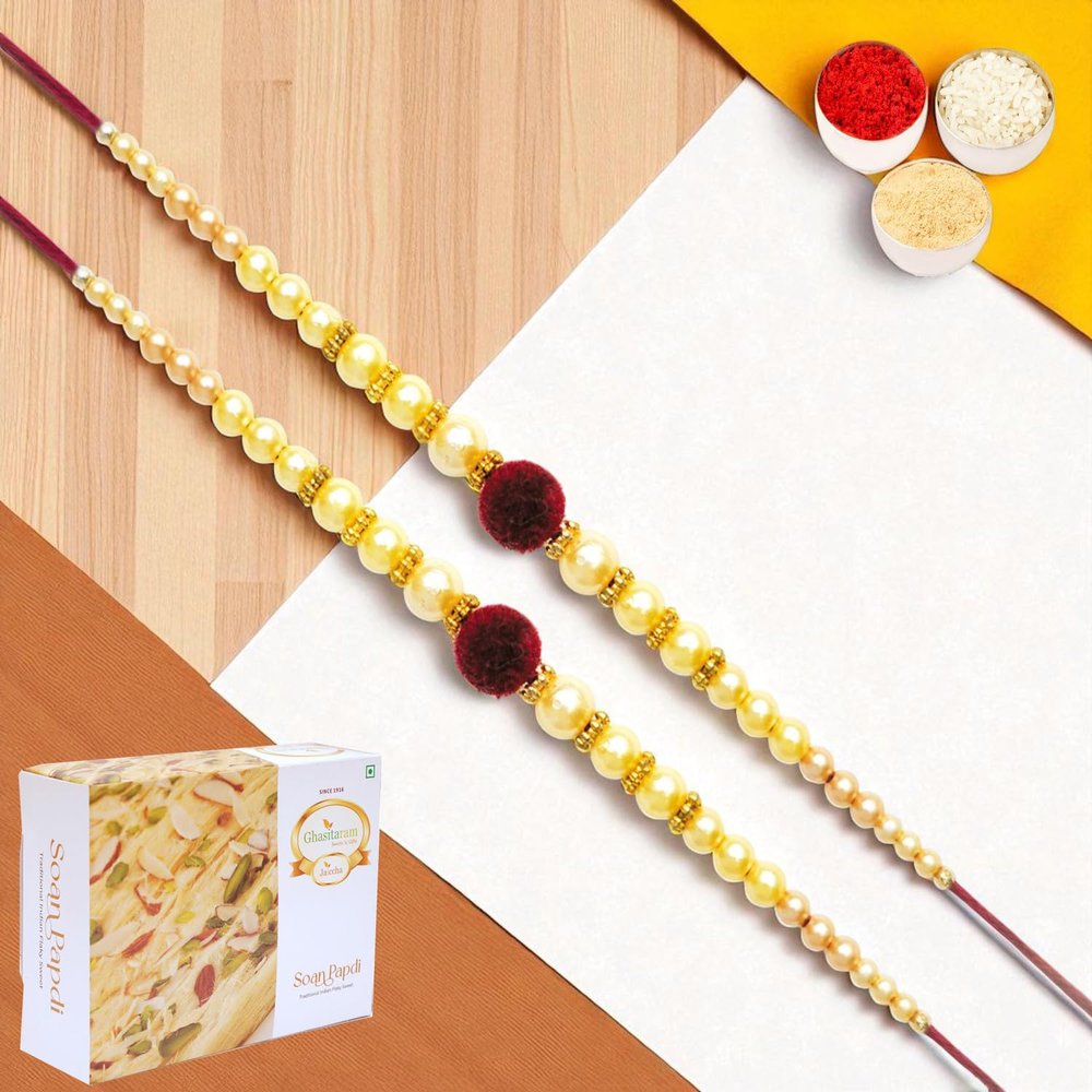 Ghasitaram Gifts Rakhi for Brother, Set of 2, Y-37 Pearl Rakhi with 400 g Soan Papdi
