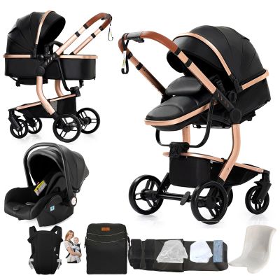 Nine point nine PU Leather 3-in-1 Stroller Set with Reversible Push Direction, Bassinet and Aluminum Alloy Frame (L518 Black)