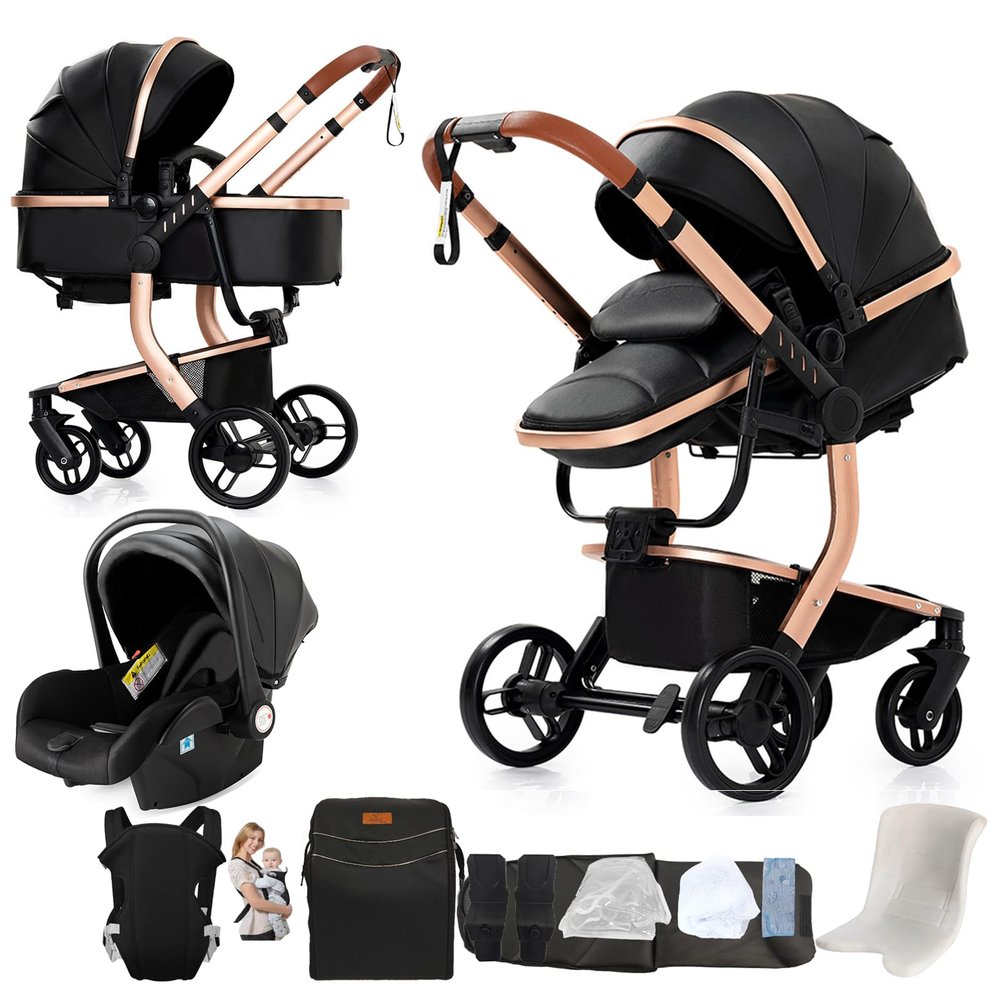 Nine point nine PU Leather 3-in-1 Stroller Set with Reversible Push Direction, Bassinet and Aluminum Alloy Frame (L518 Black)