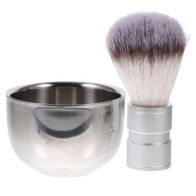 Shaving Brush Set with Stainless Steel Cup and Nylon Bristles, Silver
