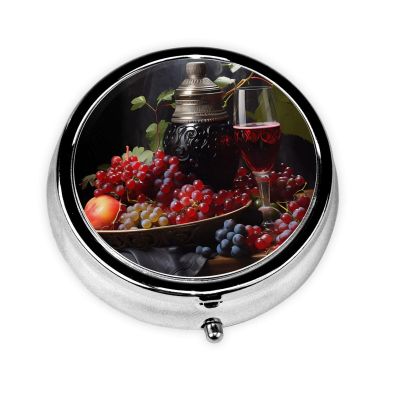 Round Medication Box with Grape and Wine Print