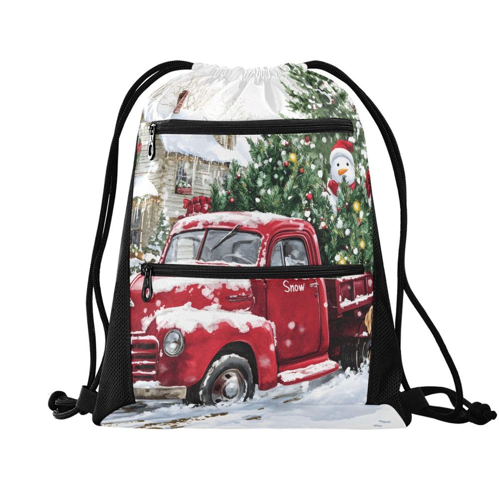 Quteprint Sport Drawstring Backpack, Winter Snowman Christmas Tree Dog, Breathable Mesh, Water-Resistant Zipper Pockets, Comfortable Rope Straps for Travel