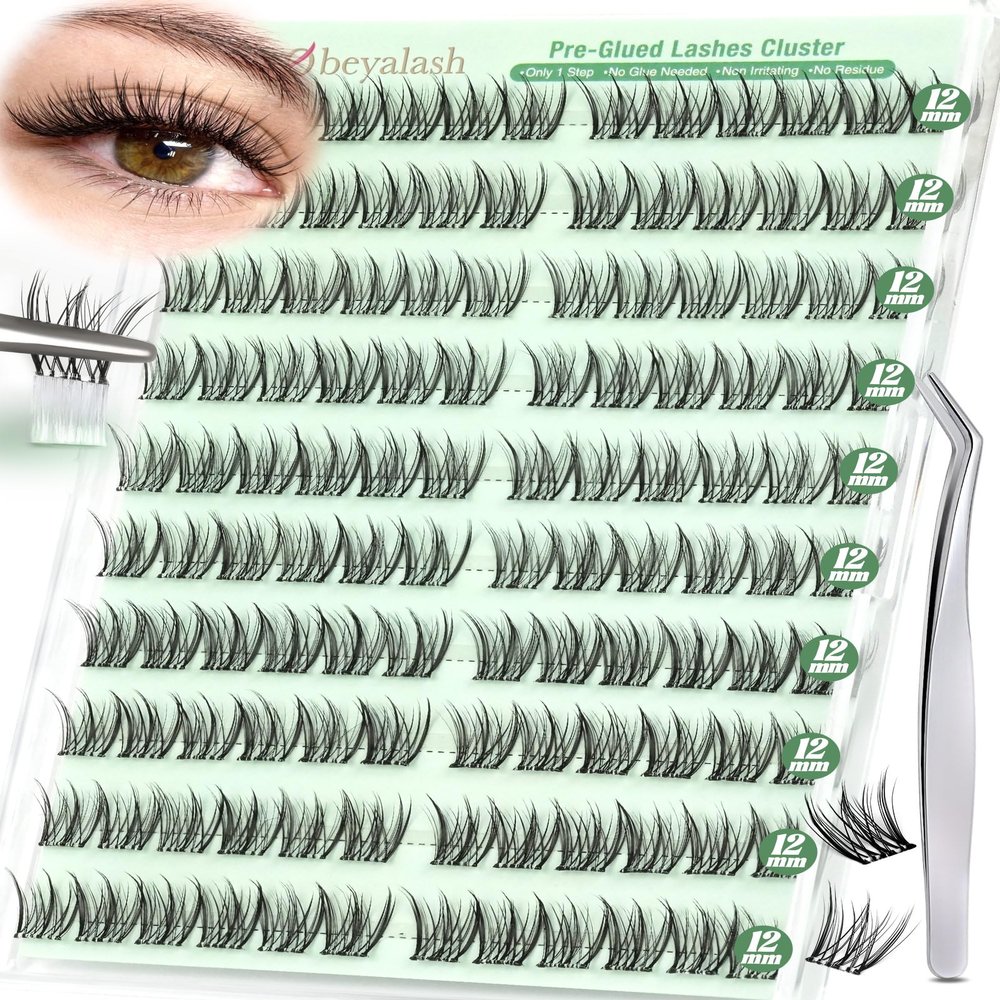 Obeyalash Self-Adhesive Lash Extensions Set with Tweezers, 12 mm Press-On Lash Clusters, No Glue Needed, DIY 3-Second Application (J09)