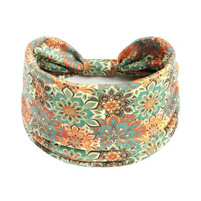 Boho Headband, Stretch Paisley Bandana, Criss-Cross Knotted Hair Wrap, Green, 1 Pack