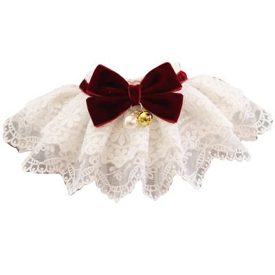 TIKATARER Dog Lace Bib Collar with Bow, Bell and Pearls, Soft Bandana Scarf for Dogs and Cats (S)