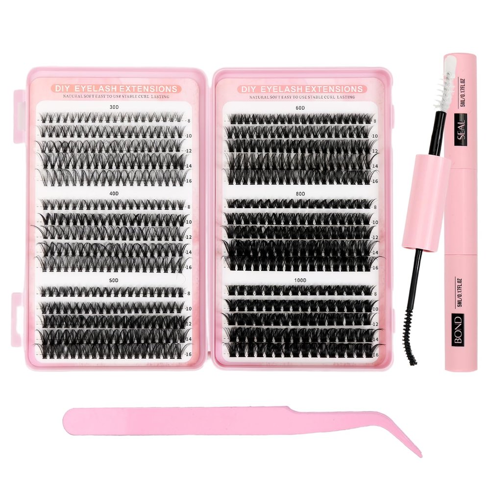580-Piece Lash Extension Set, 30D–100D Cluster Lashes with Bond and Seal, Tweezers, 8–16 mm