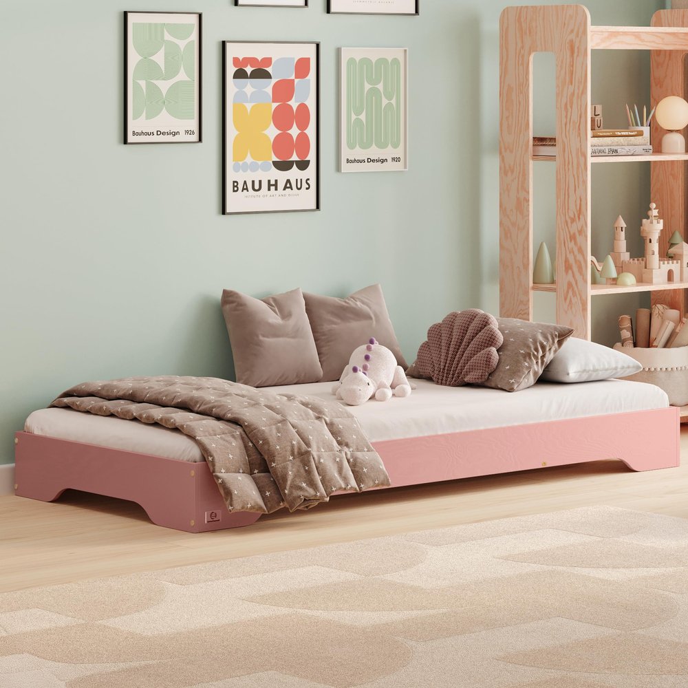 smartwood 70x160 cm Children's Floor Bed with Slatted Base, Wood, Pink, TILA 7