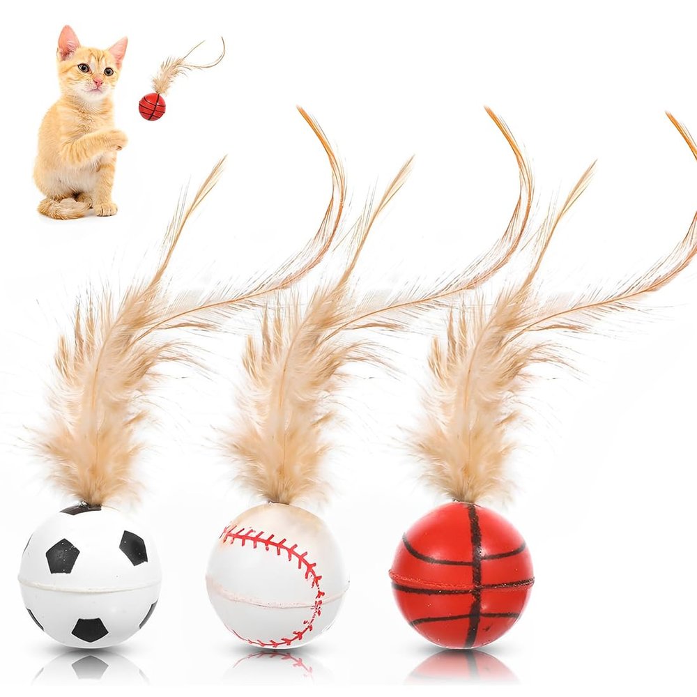 3-Pack Feather Cat Toy with Elastic Ball