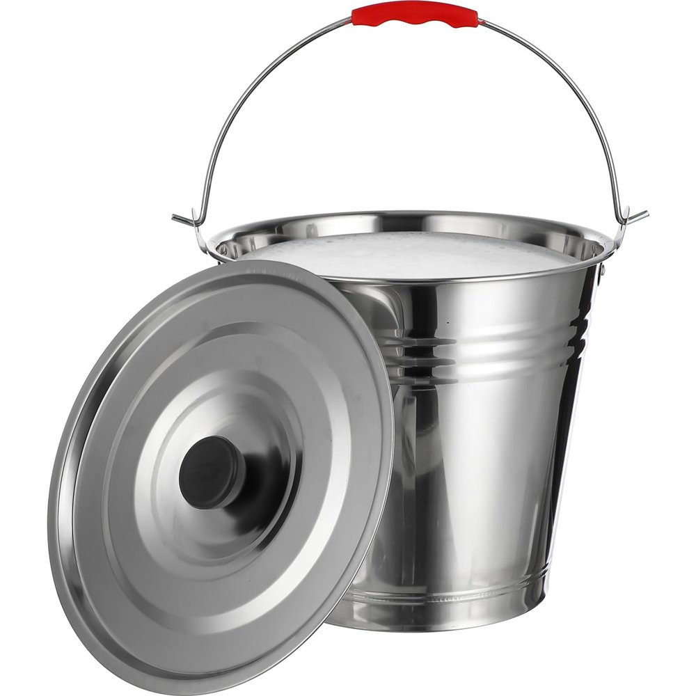 Homoyoyo Sturdy Stainless Steel Bucket with Lid, Round Ice Container for Milk and Water, with Sturdy Handle, for Farm and Household Use