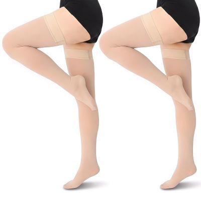 Thigh-High Compression Stockings for Women and Men, Beige, 2 Pairs