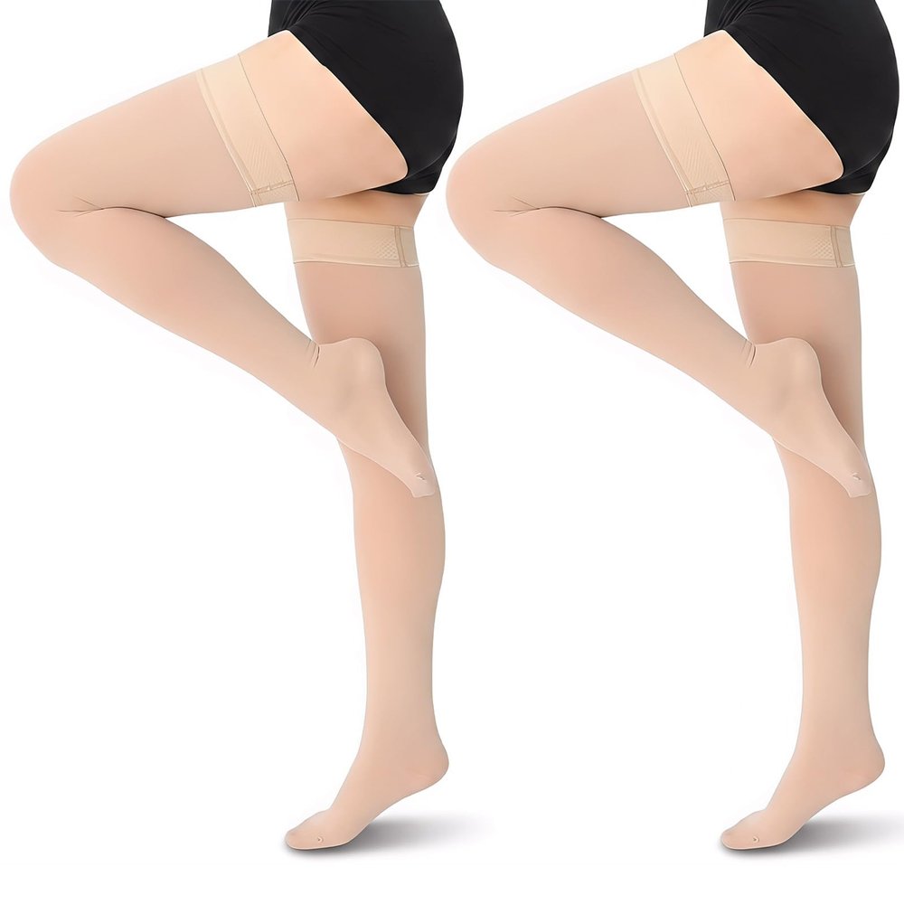 Thigh-High Compression Stockings for Women and Men, Beige, 2 Pairs
