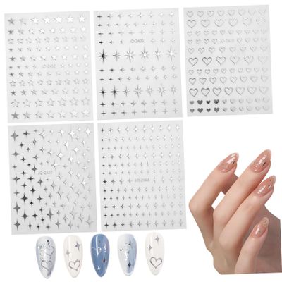 DECOMELODY Self-Adhesive Small Silver Star Nail Stickers, 5 Sheets