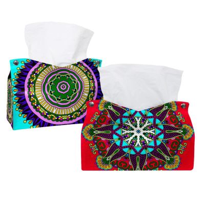 lcndlsoe Tissue Box Holder, Vintage Tribal Circle Mandala Floral Pattern, Rectangular Leather, Decorative Tabletop Organizer for Bathroom, Car, Office, 2-Pack