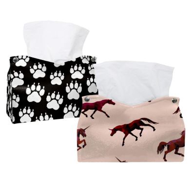 lcndlsoe Tissue Box Holder, Red Horse and Unicorn Pattern, Rectangular Faux Leather, Decorative Organizer for Tabletop, Bathroom, Car, Office, 2-Pack