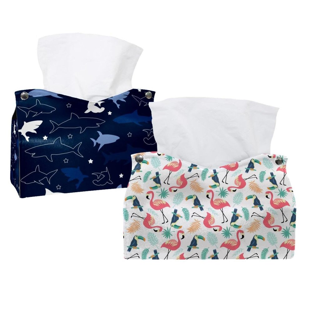 lcndlsoe Tissue Box Holder, Tropical Pink Flamingos and Toucans, Rectangular, Leather, 2-Pack