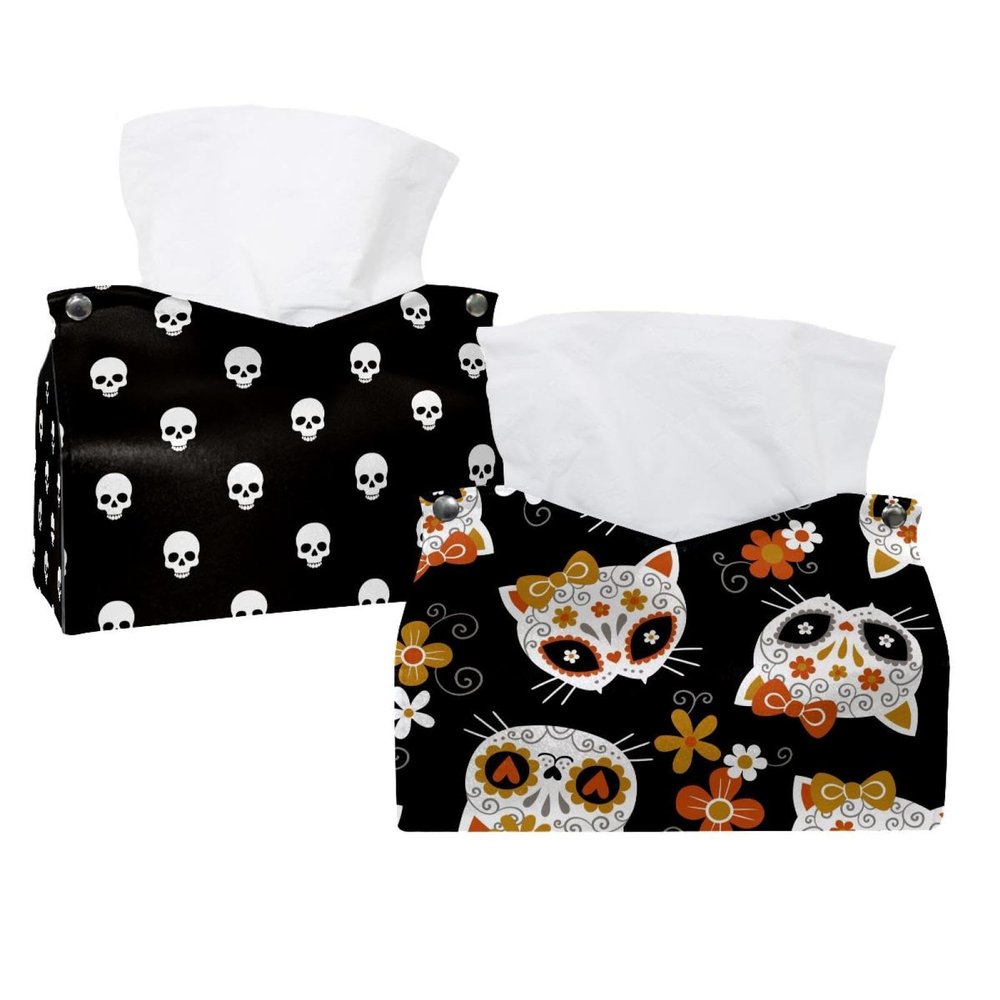 lcndlsoe Tissue Box Holder, Day of the Dead Sugar Cat Skull with Flowers, Rectangular, Leather, Decorative Organizer, 2-Pack