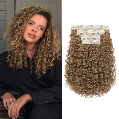 FLUFYMOOZ 4-Piece 14-Inch Clip-In Curly Hair Extensions, Deep Dirty Blonde