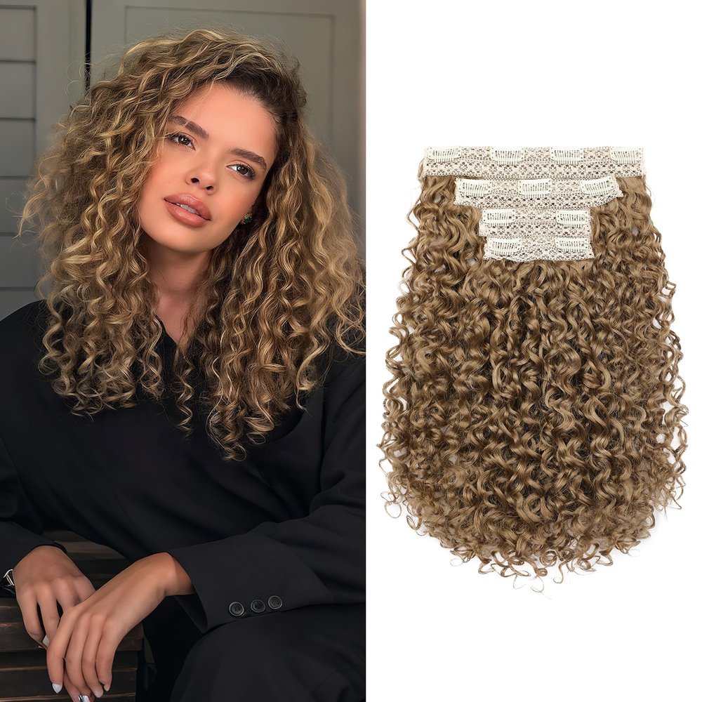 FLUFYMOOZ 4-Piece 14-Inch Clip-In Curly Hair Extensions, Deep Dirty Blonde