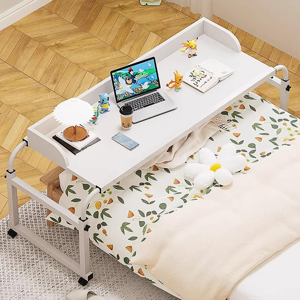 Adjustable Bedside Table, 115–210 cm, Mobile Laptop Desk for Work, Study, Dining and Reading, Portable White Desk for Double and Queen-Size Beds