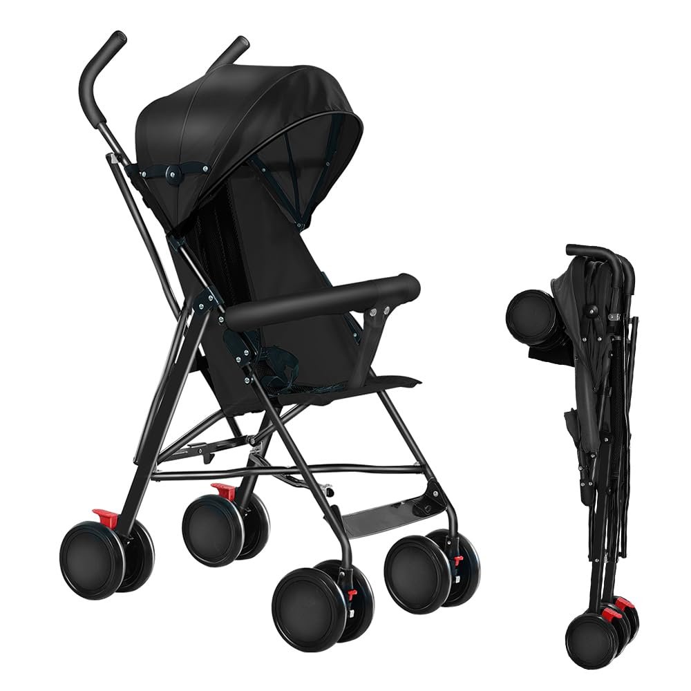 OHMG CITY Folding Baby Stroller, 360° Wheels, Sunshade & Mosquito Net, 5-Point Harness, from 6 Months (D-Noir)
