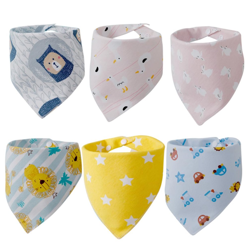 GARIOUANS 6-Piece Double-Layer Creative Waterproof Cotton Triangle Bibs for Boys and Girls, Mixed Designs