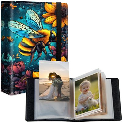 Small Photo Album, 12.7 x 17.8 cm, 120 Photos, PU Leather Cover, Elastic Band, Colorful Bee