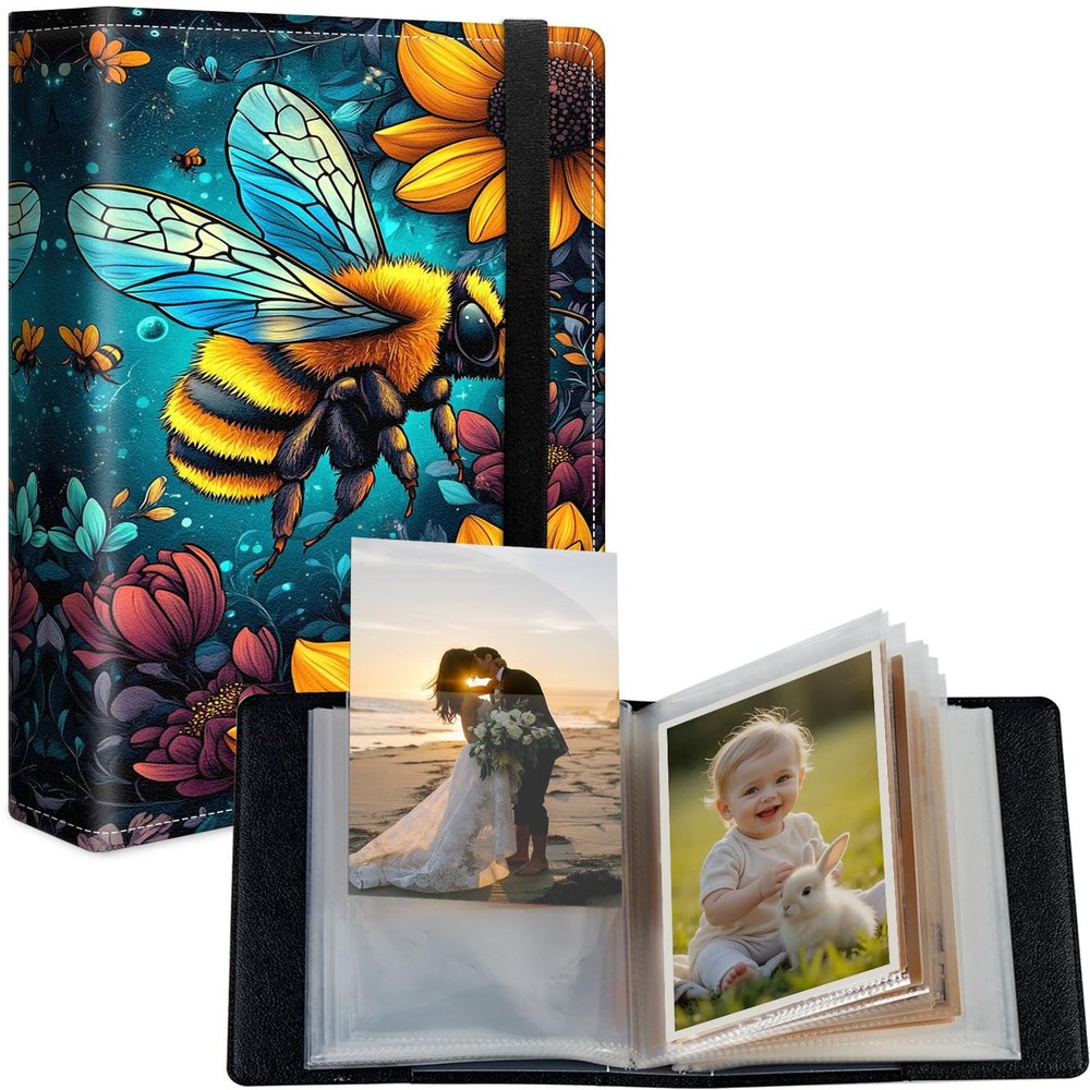Small Photo Album, 12.7 x 17.8 cm, 120 Photos, PU Leather Cover, Elastic Band, Colorful Bee