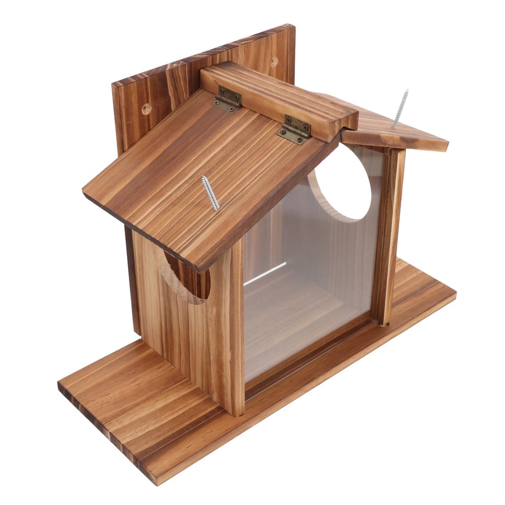 VICASKY Wooden Squirrel Feeder House, Weather-Resistant, with Sturdy Food Container, for Hanging in Gardens and Backyards