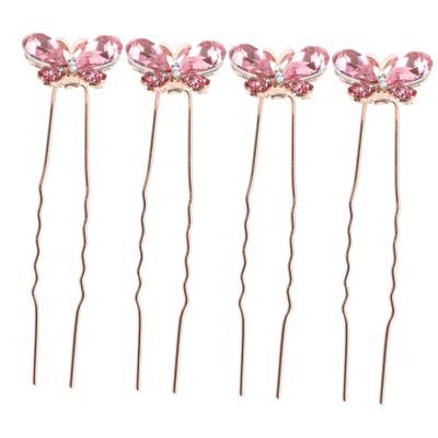 4-Piece U-Shaped Rhinestone Butterfly Hair Pins, Pink