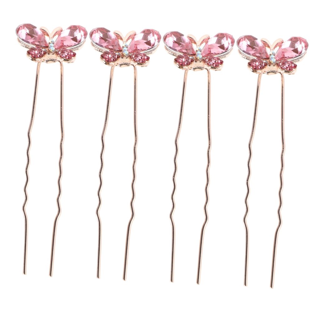 4-Piece U-Shaped Rhinestone Butterfly Hair Pins, Pink