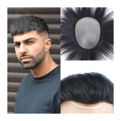 YHxFlux Men's Toupee, Thin Skin V-Shaped PU Base, Straight Human Hair, Natural Black, 15 x 22 cm