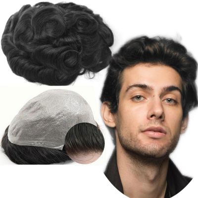 Men’s Toupee, 8 x 10, Wavy, PU Leather Hair System, Black and Gray