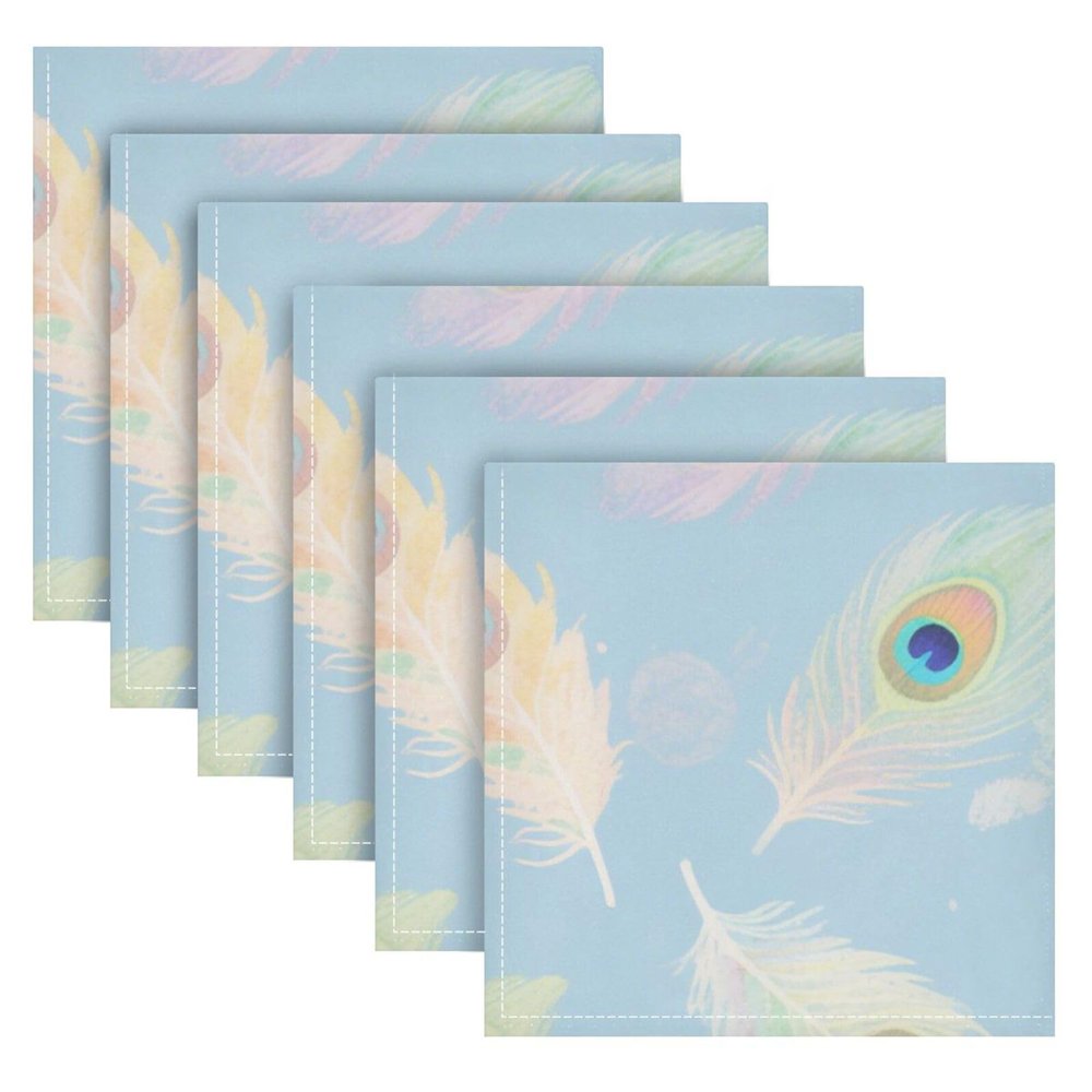 Reusable Blue Peacock Feather Cloth Napkins, 6-Pack, 20 x 20 in