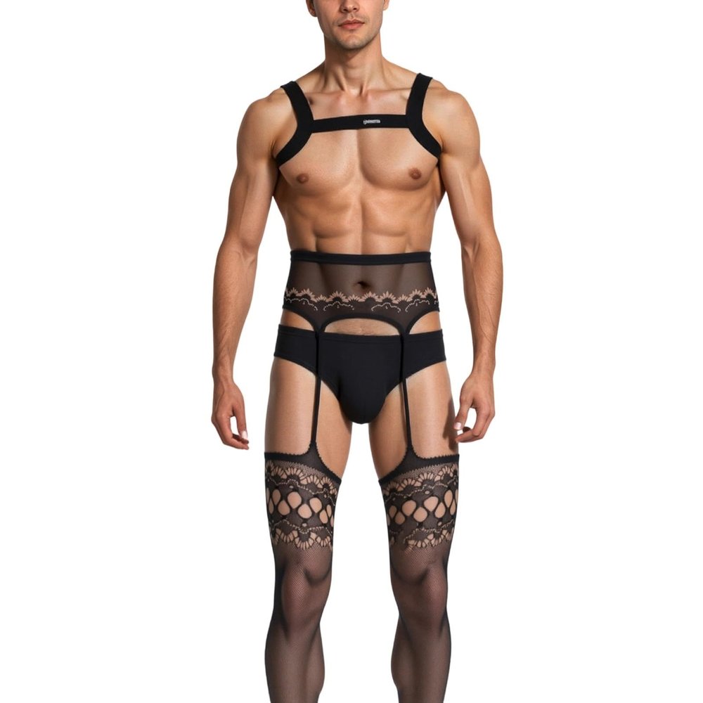 Generic Highly Elastic Lace-Up Fishnet Stockings for Men and Women, Sexy Set (Black, One Size)