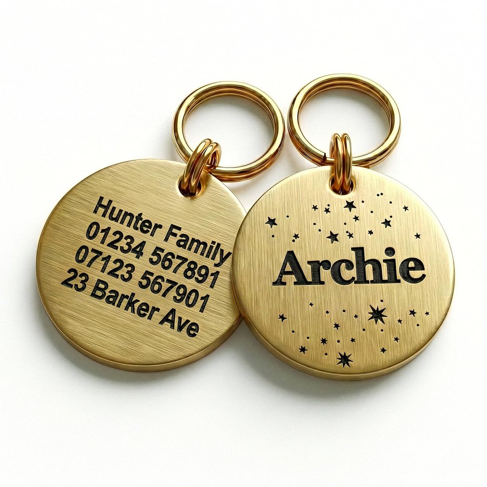 Personalized Brass Dog Tag with Star Design, Deep Engraving, 30 mm