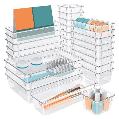 25-Piece Clear Drawer Organizer Tray Set